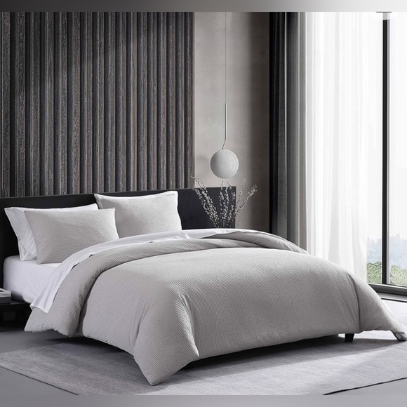 Vera Wang Waffle Pique Cotton Comforter Set Grey Queen - Picture 7 of 7